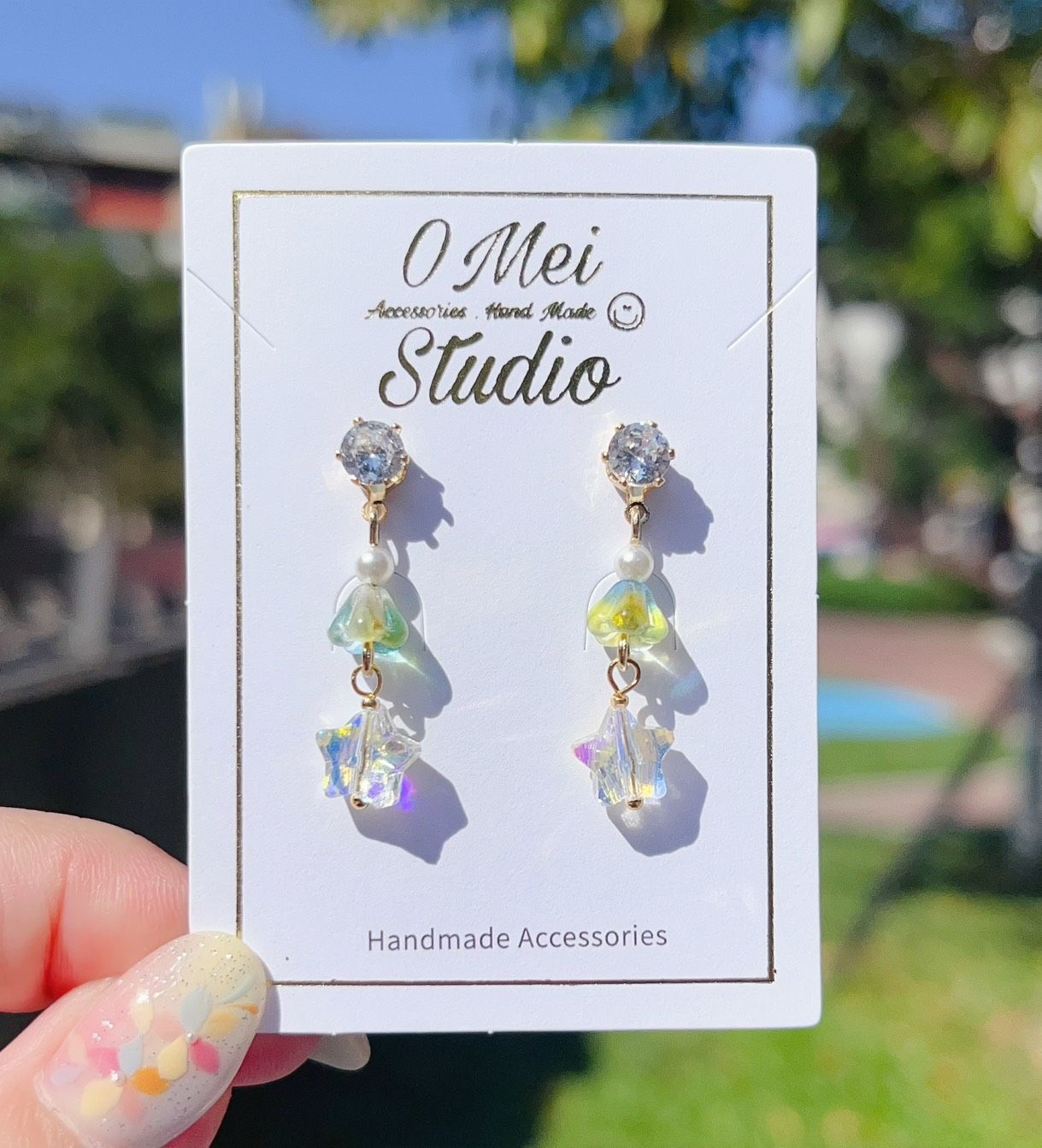 手作耳環-漸層綠捷克花珠絢彩星星耳環