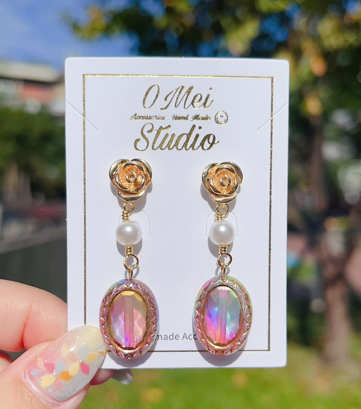 手作耳環-絢彩粉色壓克力珠玫瑰花耳環