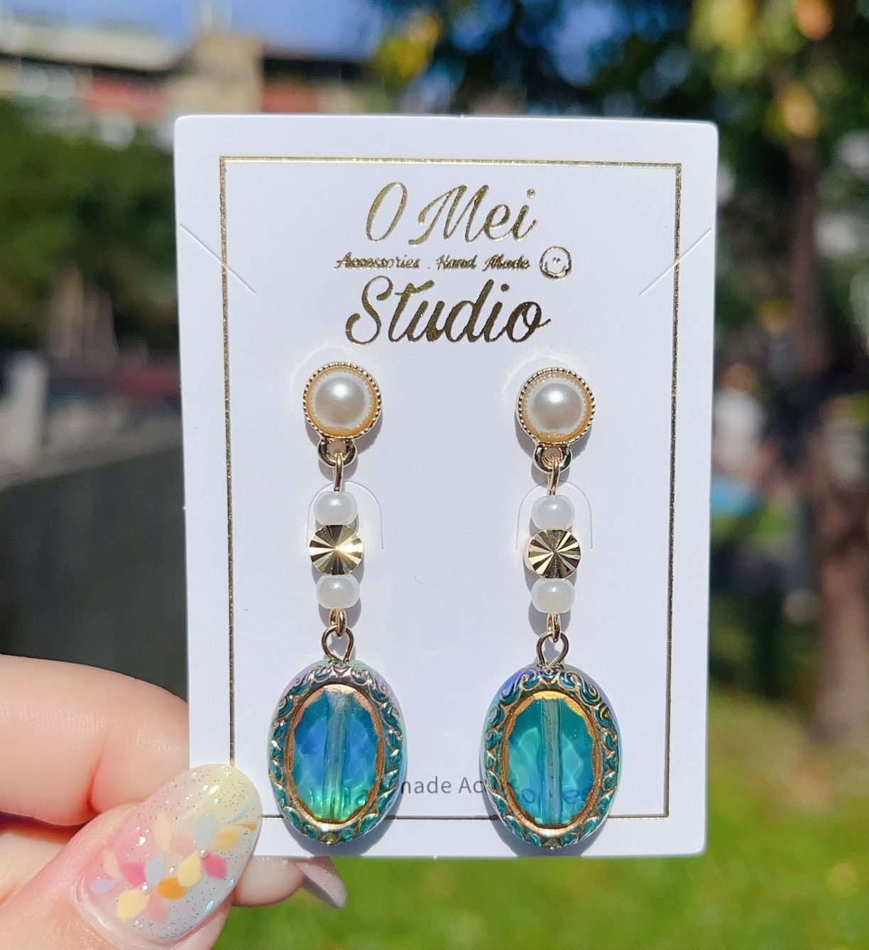 手作耳環-絢彩藍色壓克力珠串珠耳環