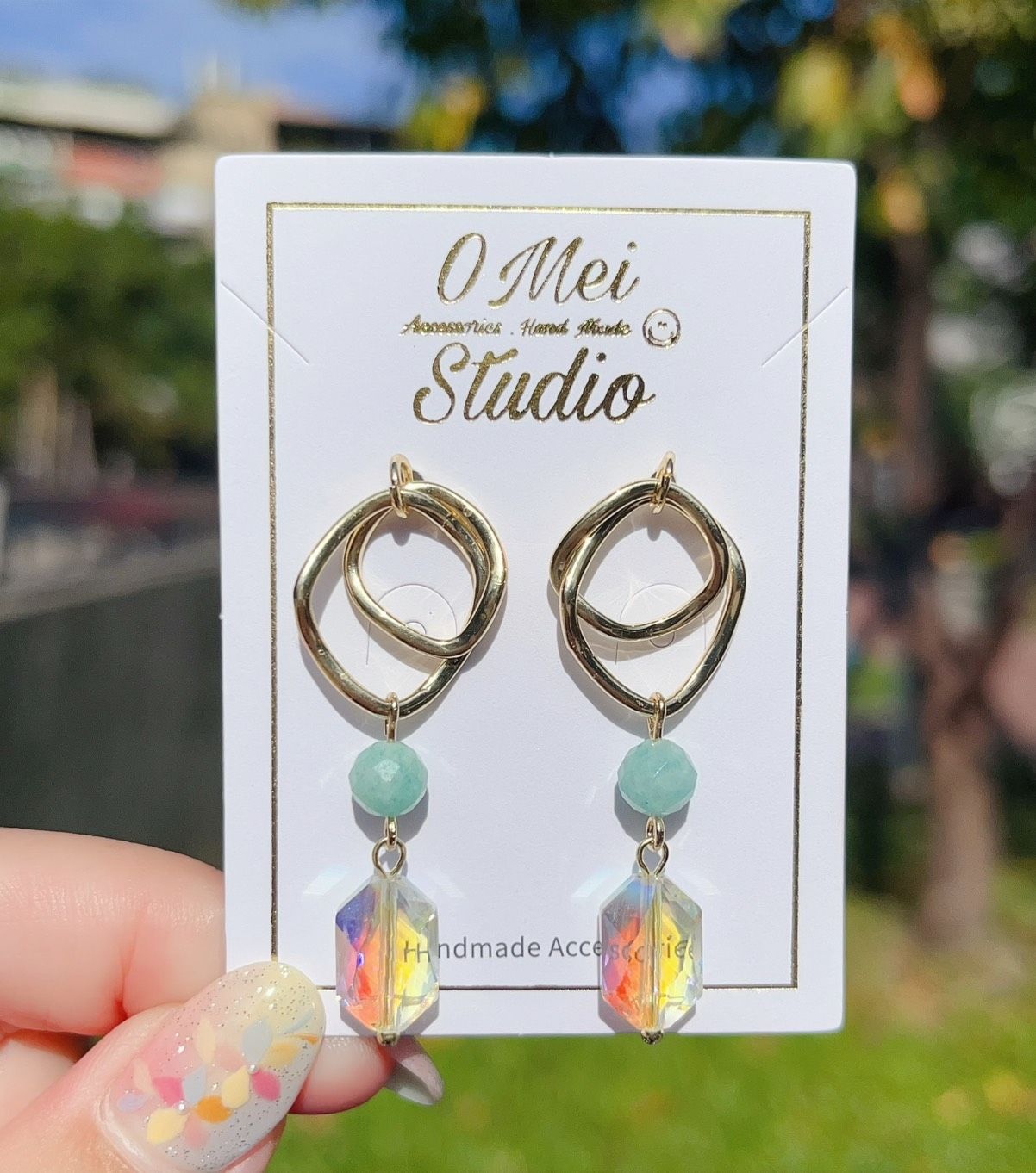 手作耳環-造型方框天河石絢彩切面珠耳環