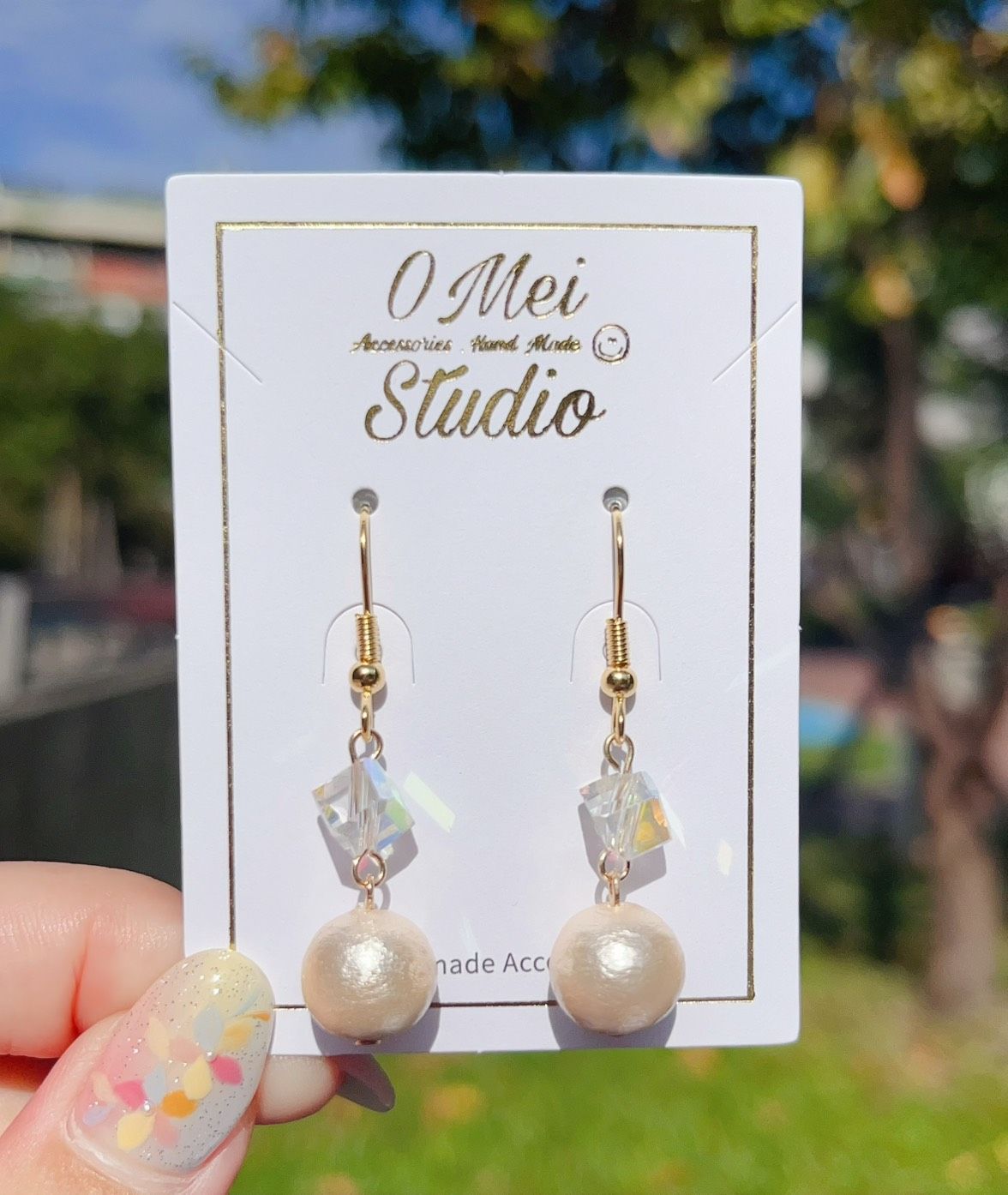 手作耳環-絢彩方珠棉珍珠耳環