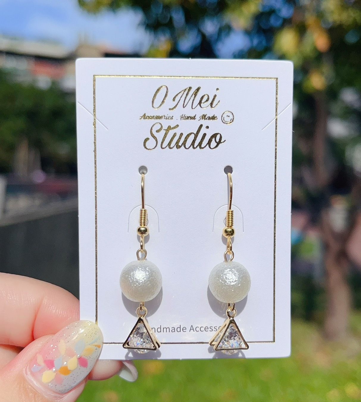 手作耳環-三角鋯石棉花糖珠耳環