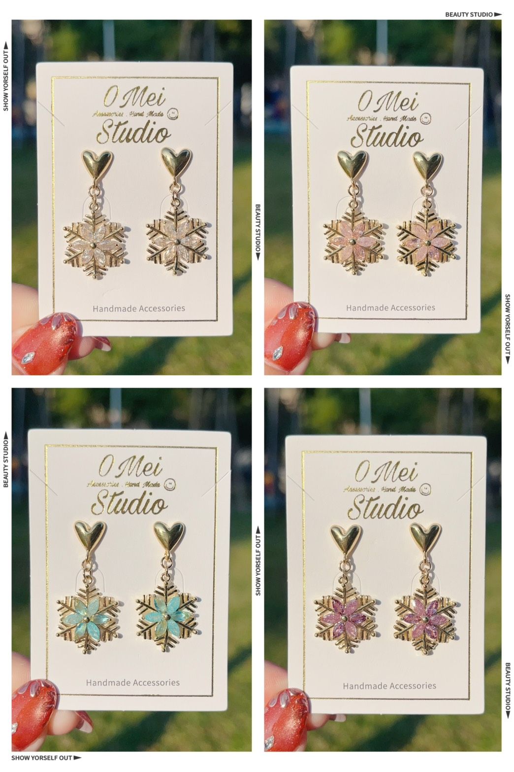 手作耳環-愛心鋯石雪花耳環