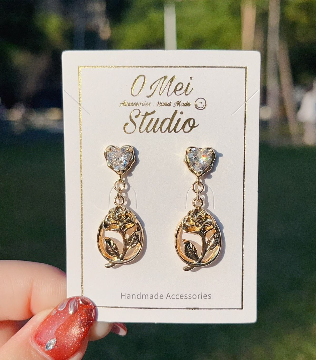 手作耳環-愛心鋯石玫瑰花吊墜耳環