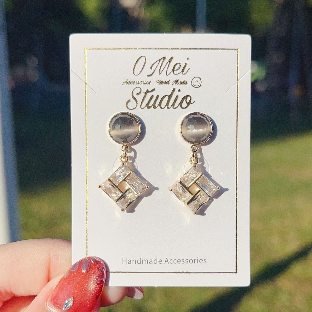 手作耳環-優雅方形鋯石耳環