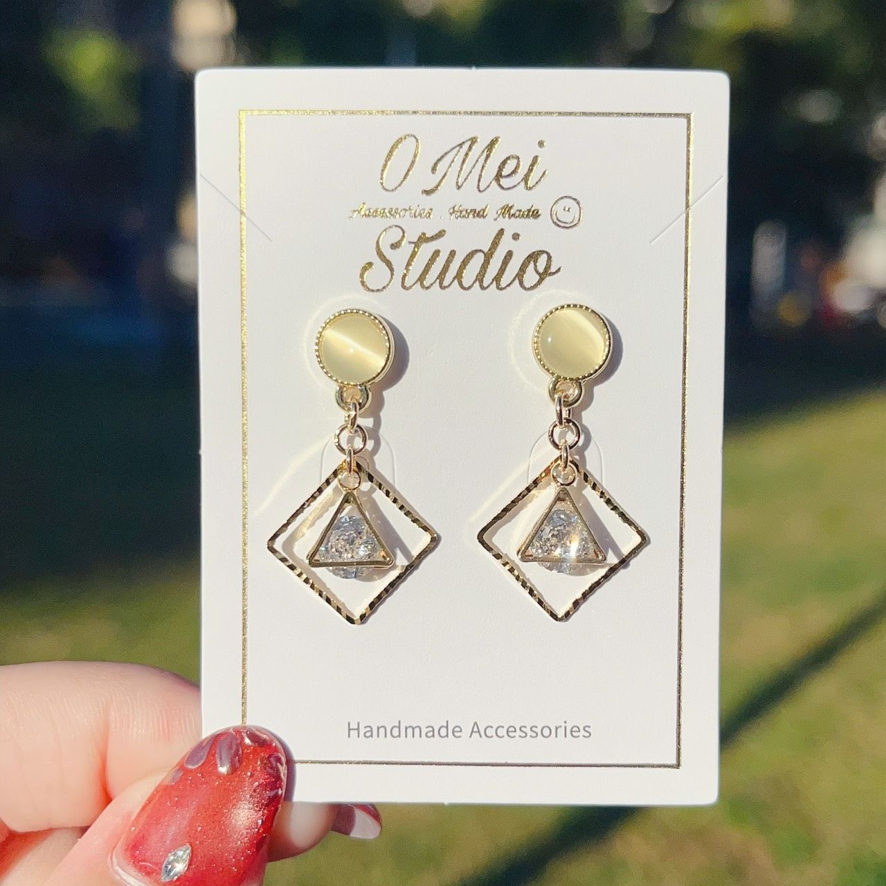 手作耳環-貓眼方框三角鋯石耳環