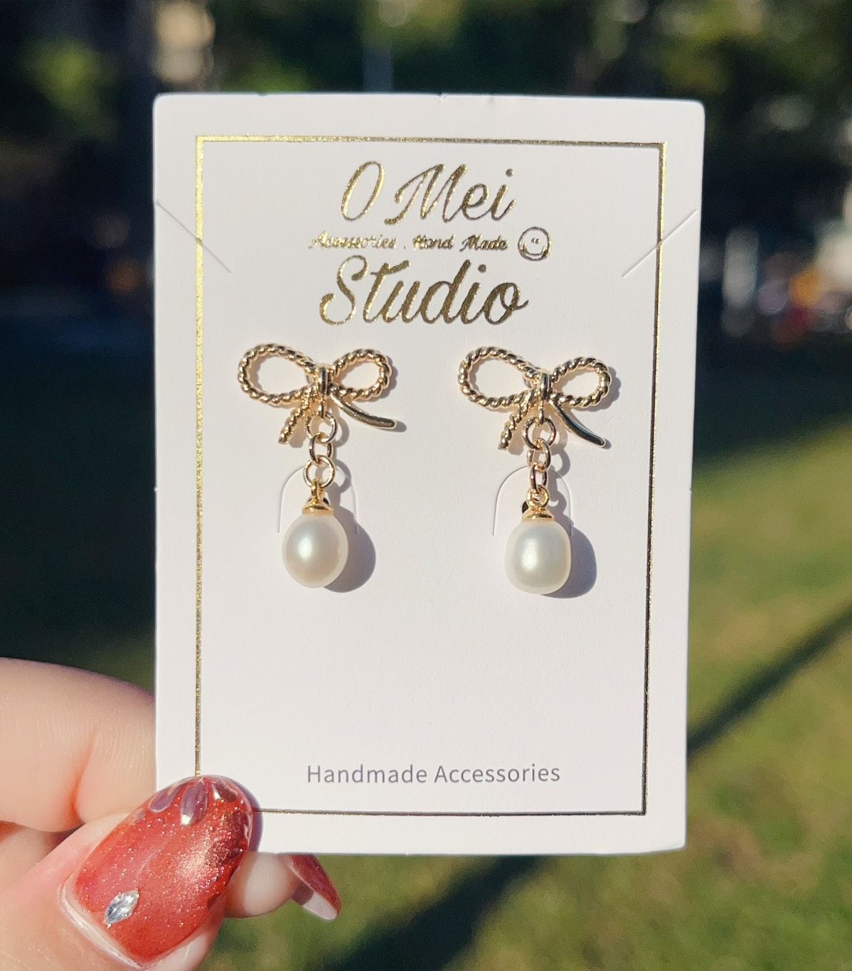 手作耳環-蝴蝶結淡水珍珠耳環