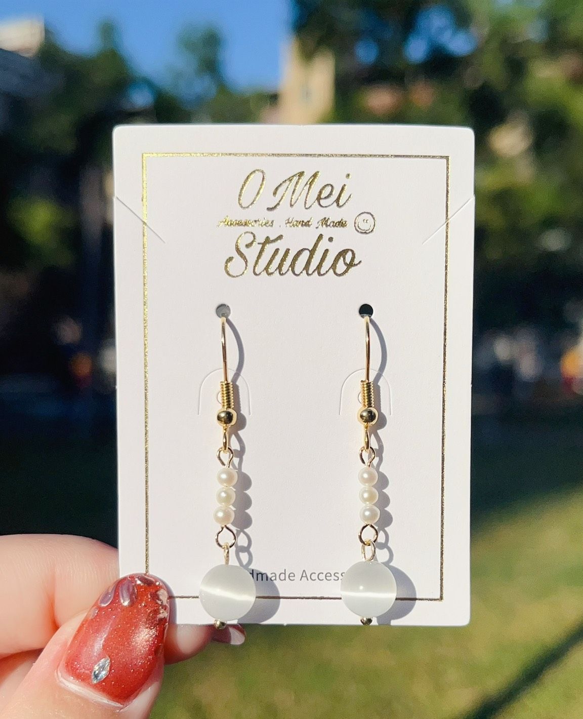 手作耳環-貝殼珠貓眼吊墜耳環