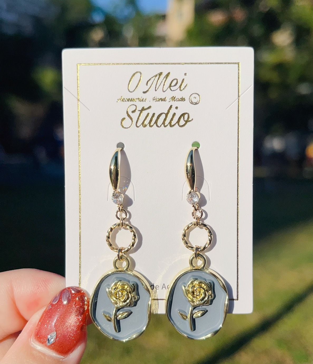 手作耳環-法式鋯石金圈玫瑰花耳環