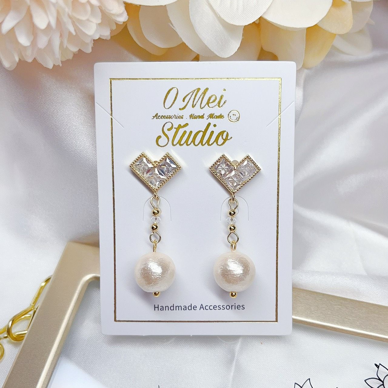 手作耳環-鋯石愛心棉珍珠耳環