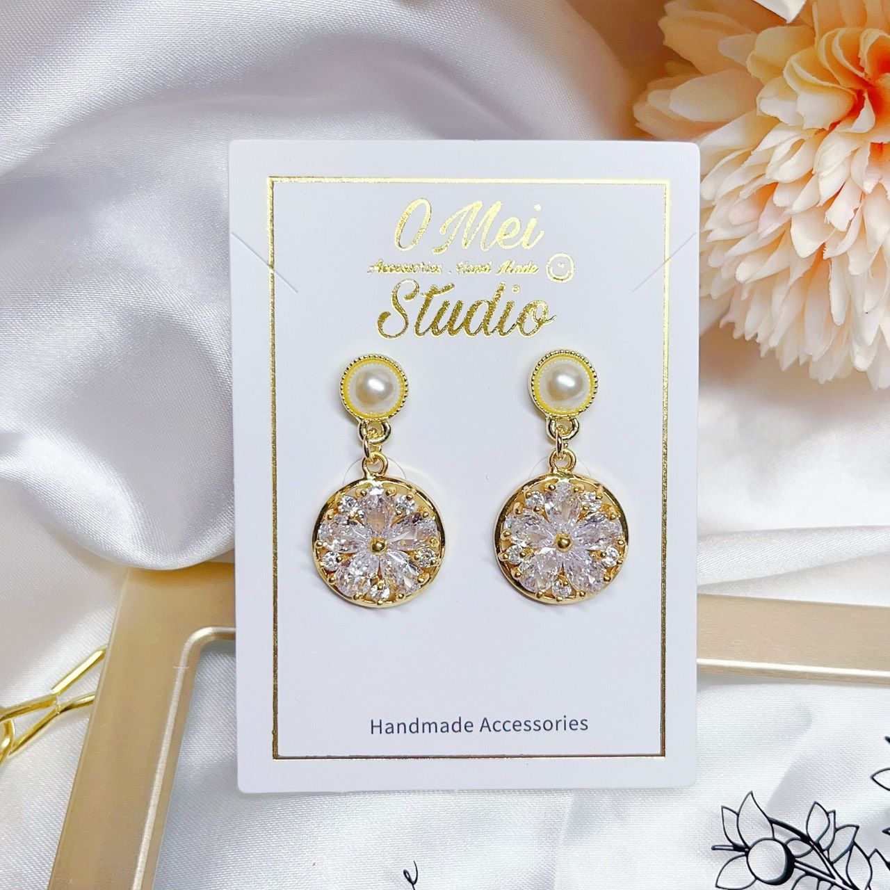 手作耳環-2026.01新品-珍珠燦爛鋯石花花耳環