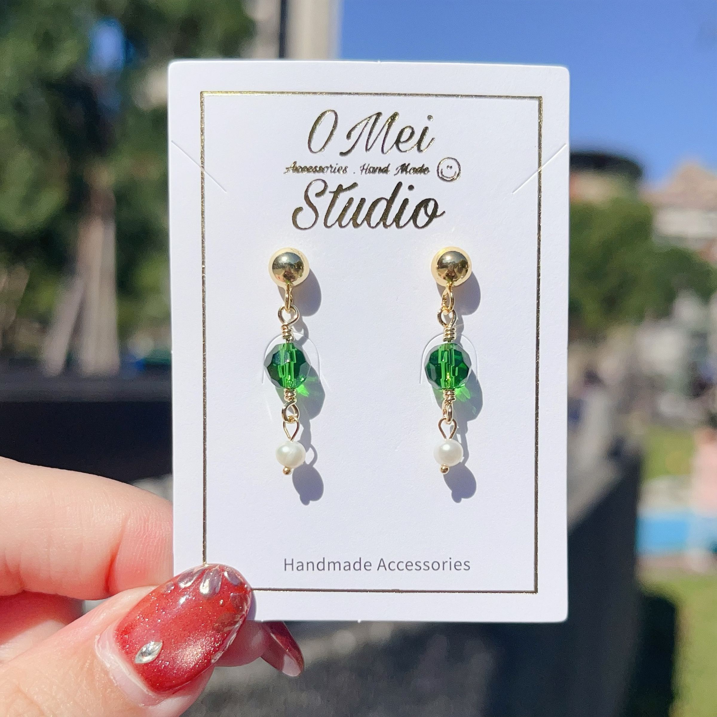 手作耳環-2026.01新品-綠色玻璃珠淡水珍珠耳環