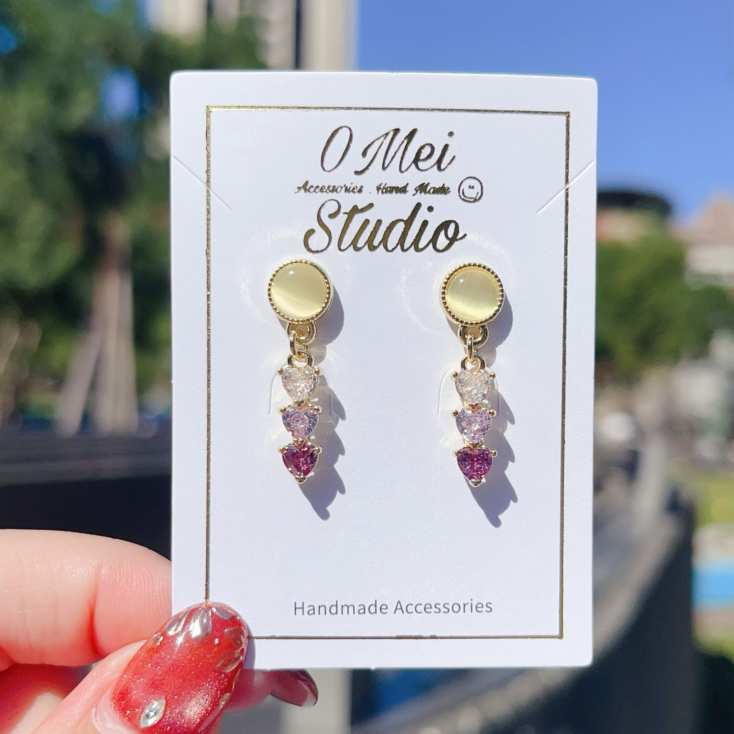 手作耳環-2026.01新品-紫色鋯石愛心串串貓眼耳環