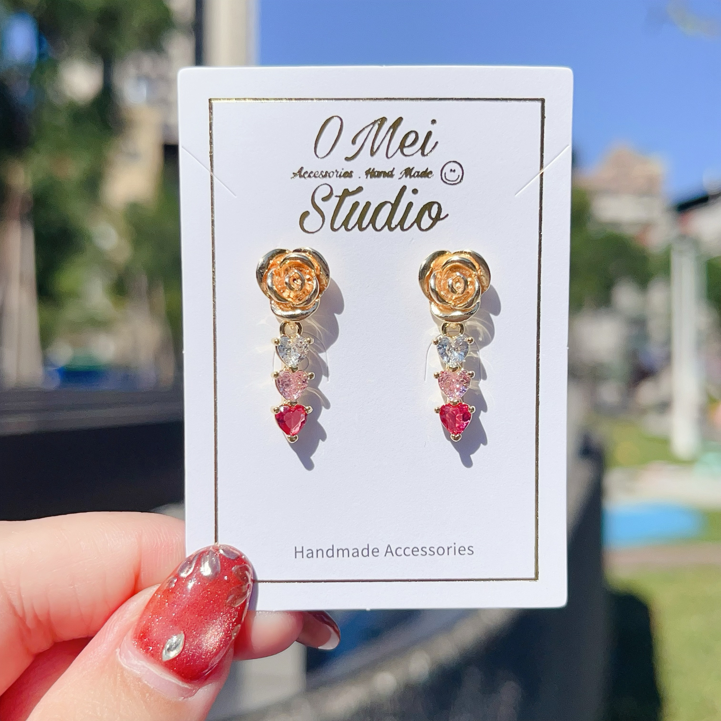 手作耳環-2026.01新品-粉色鋯石愛心串串玫瑰花耳環