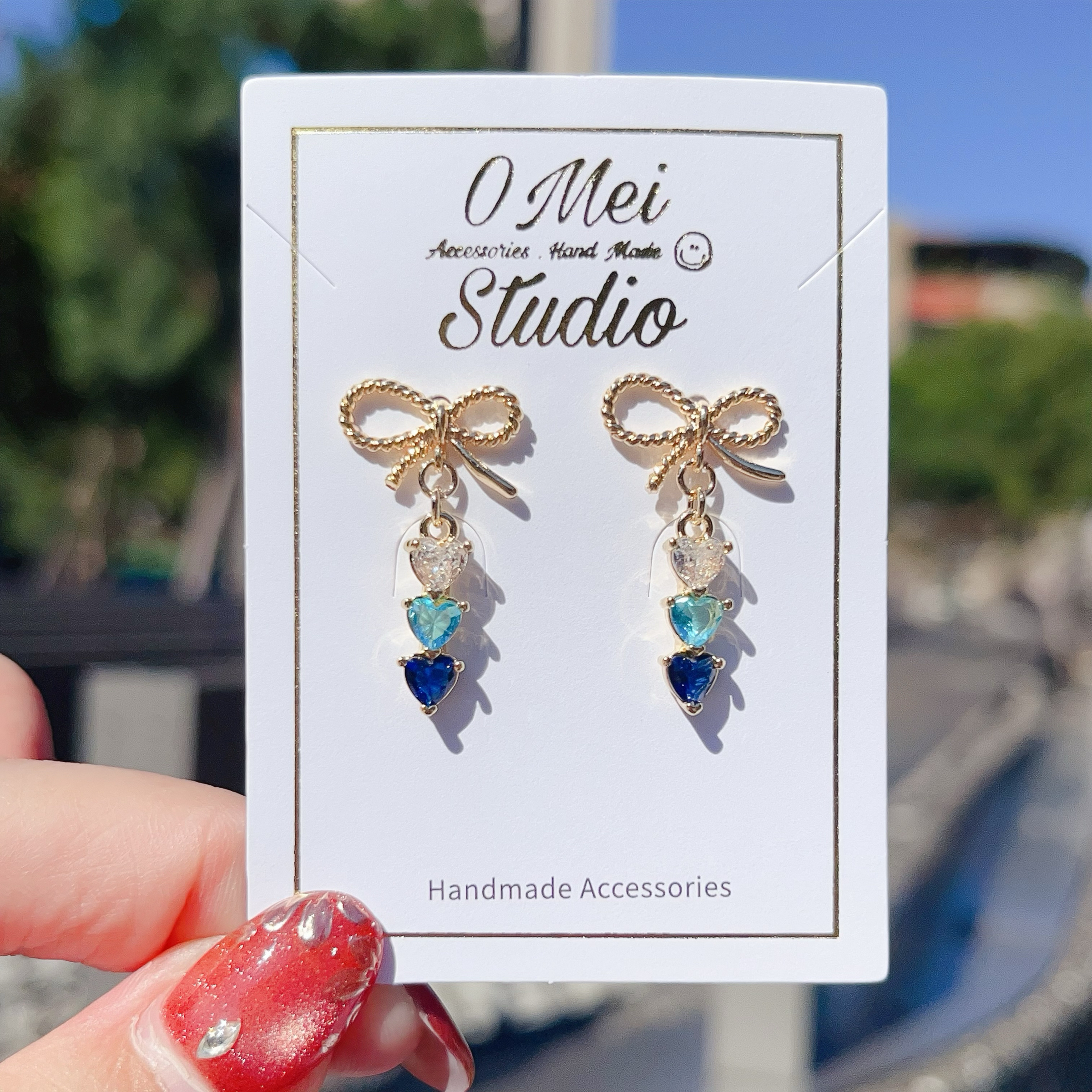 手作耳環-2026.01新品-藍色鋯石愛心串串蝴蝶結耳環