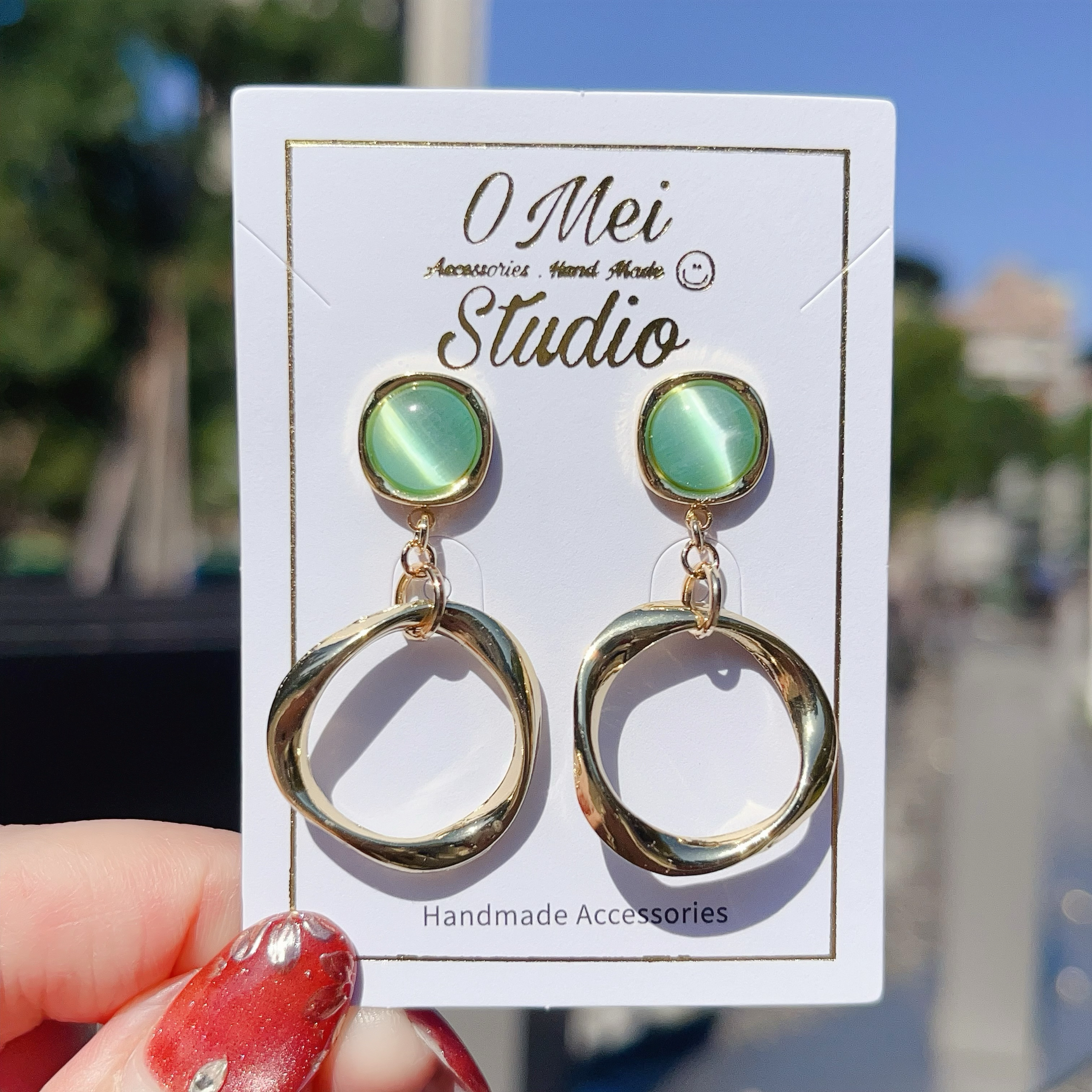 手作耳環-2026.01新品-藍綠貓眼簡約金圈耳環