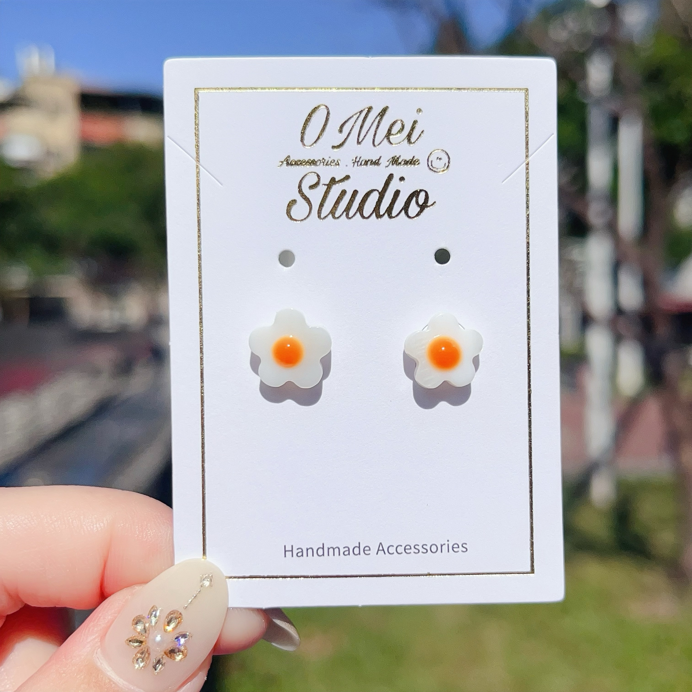 手作耳環-2026.01新品-貝殼石荷包蛋花花耳環