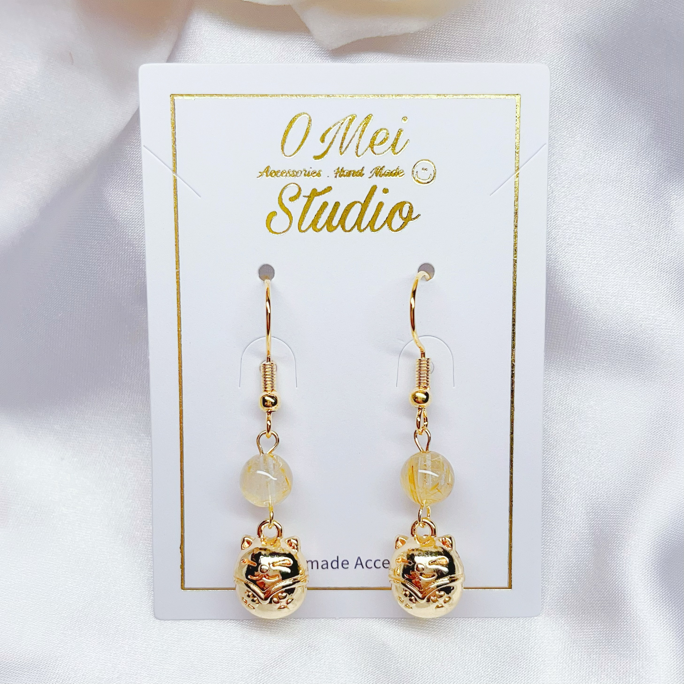 手作耳環-2026.02新品-招財水晶可愛貓貓耳環