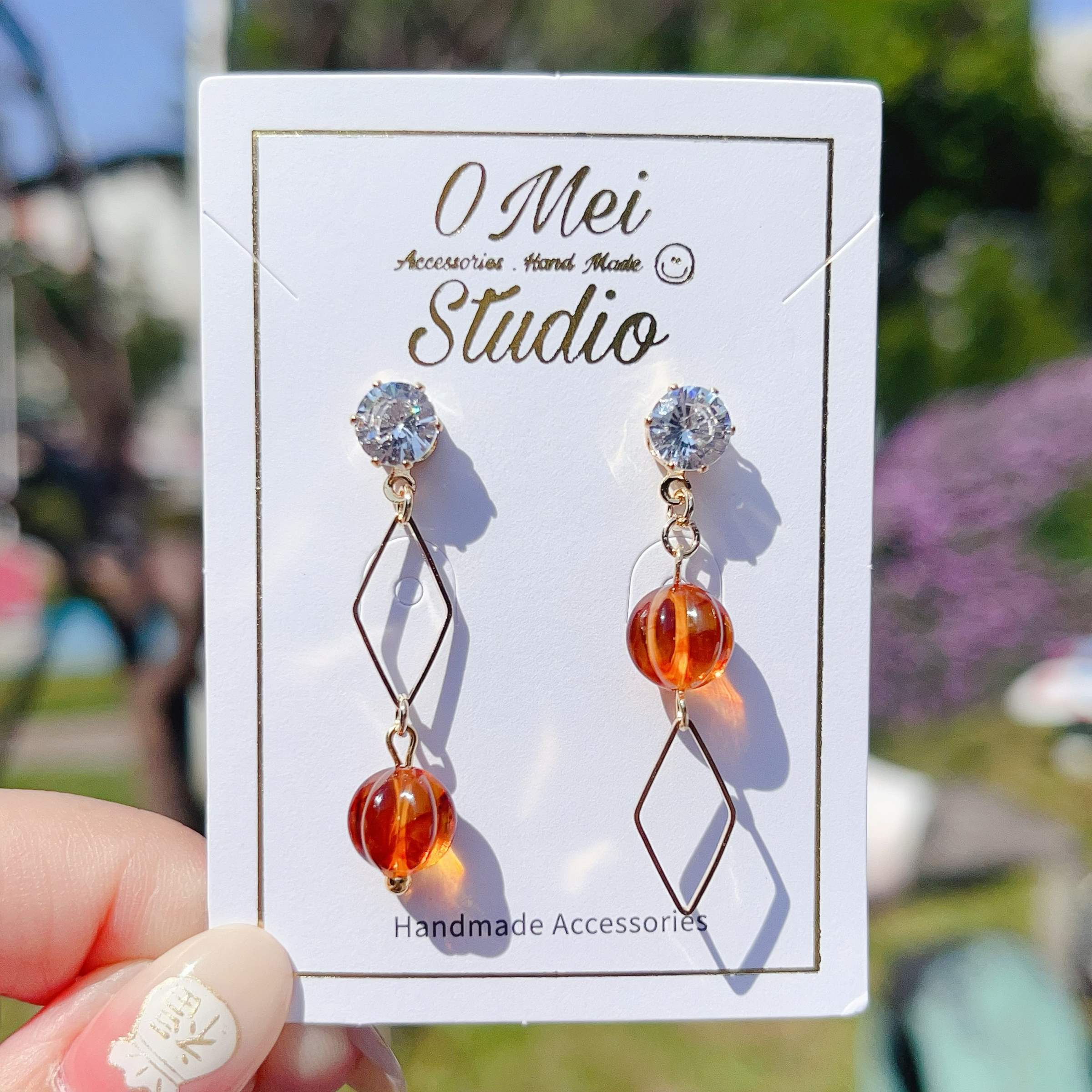 手作耳環-2026.02新品-鋯石琥珀南瓜珠菱形耳環