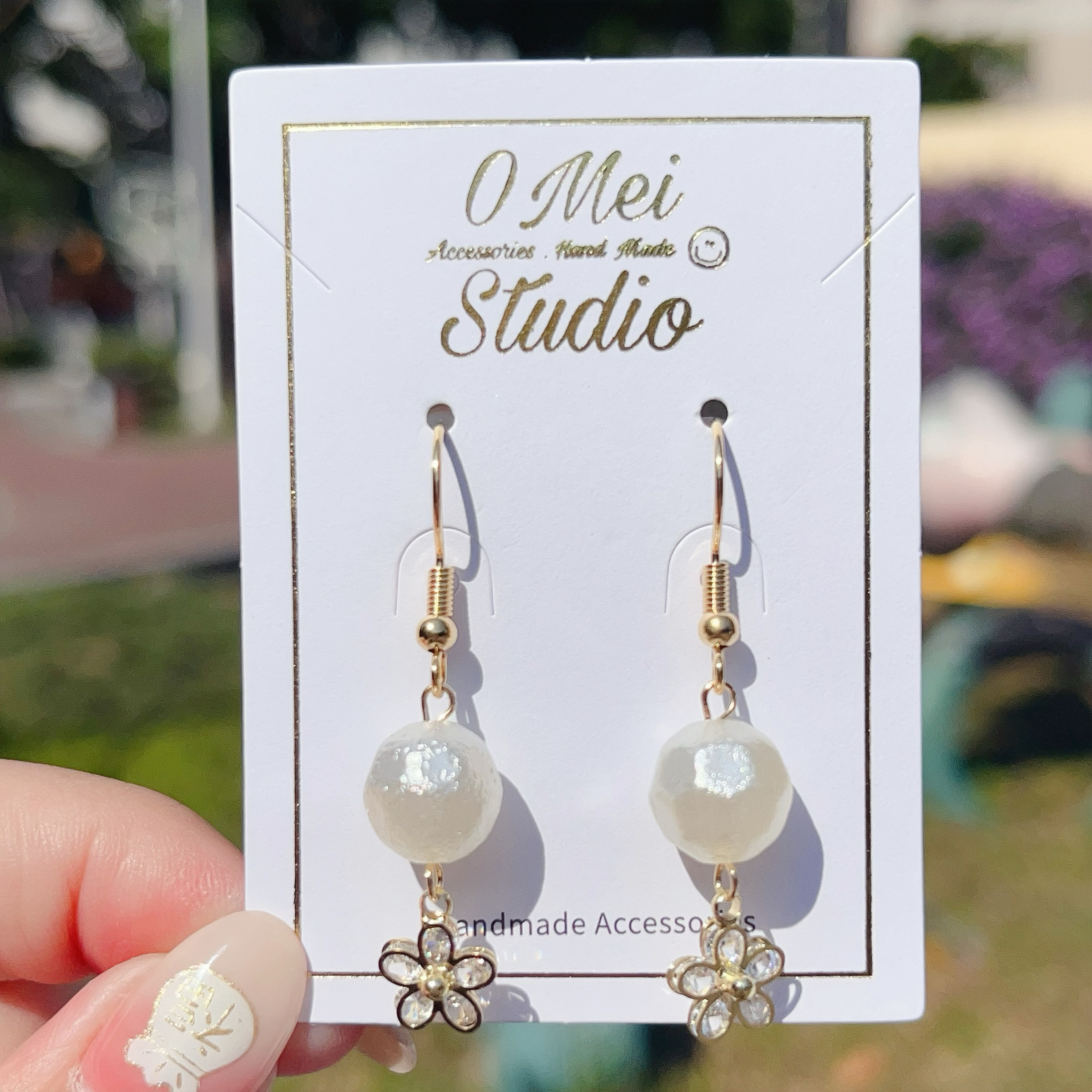 手作耳環-2026.02新品-棉花糖珠鋯石花花耳環