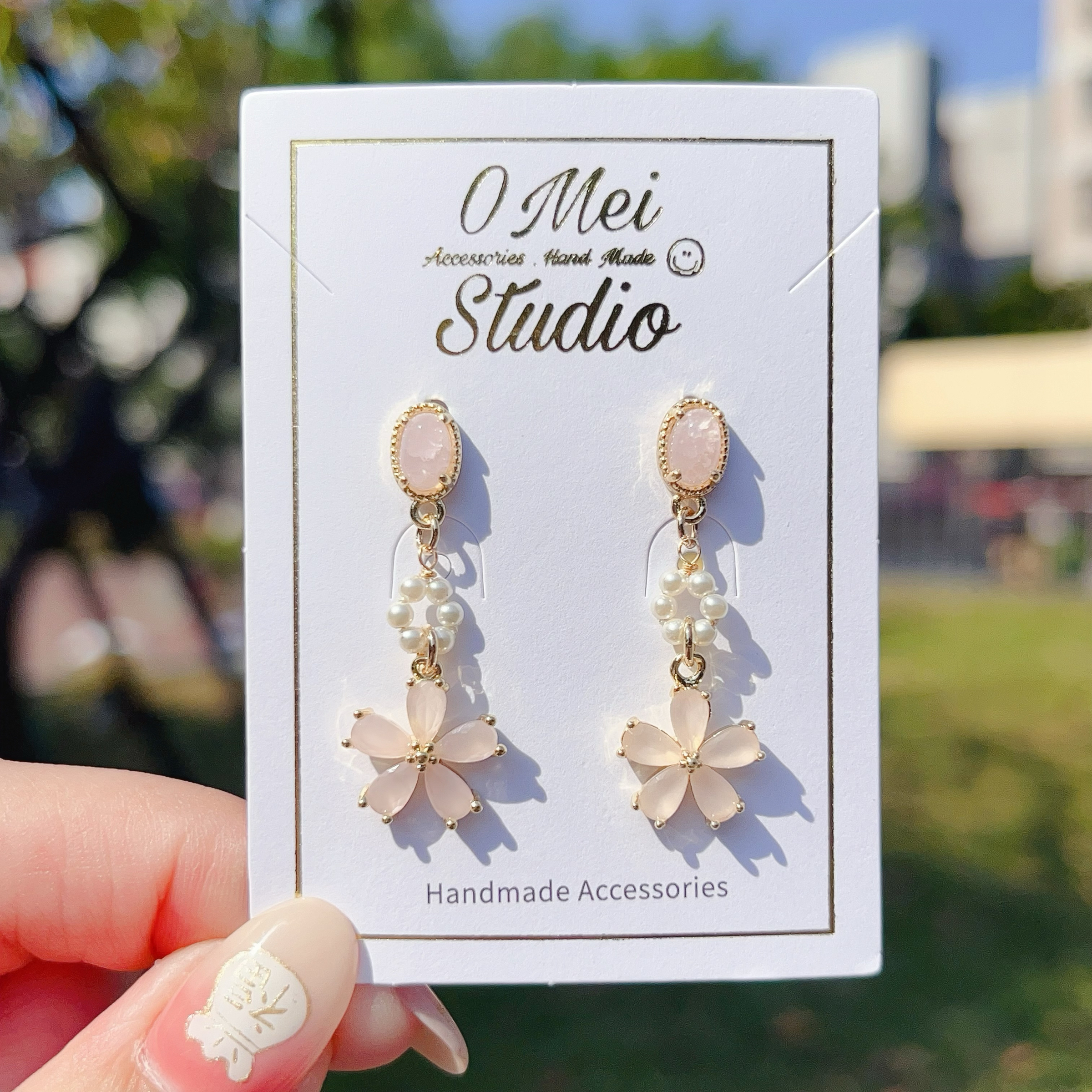 手作耳環-2026.02新品-粉色珍珠花環櫻花耳環