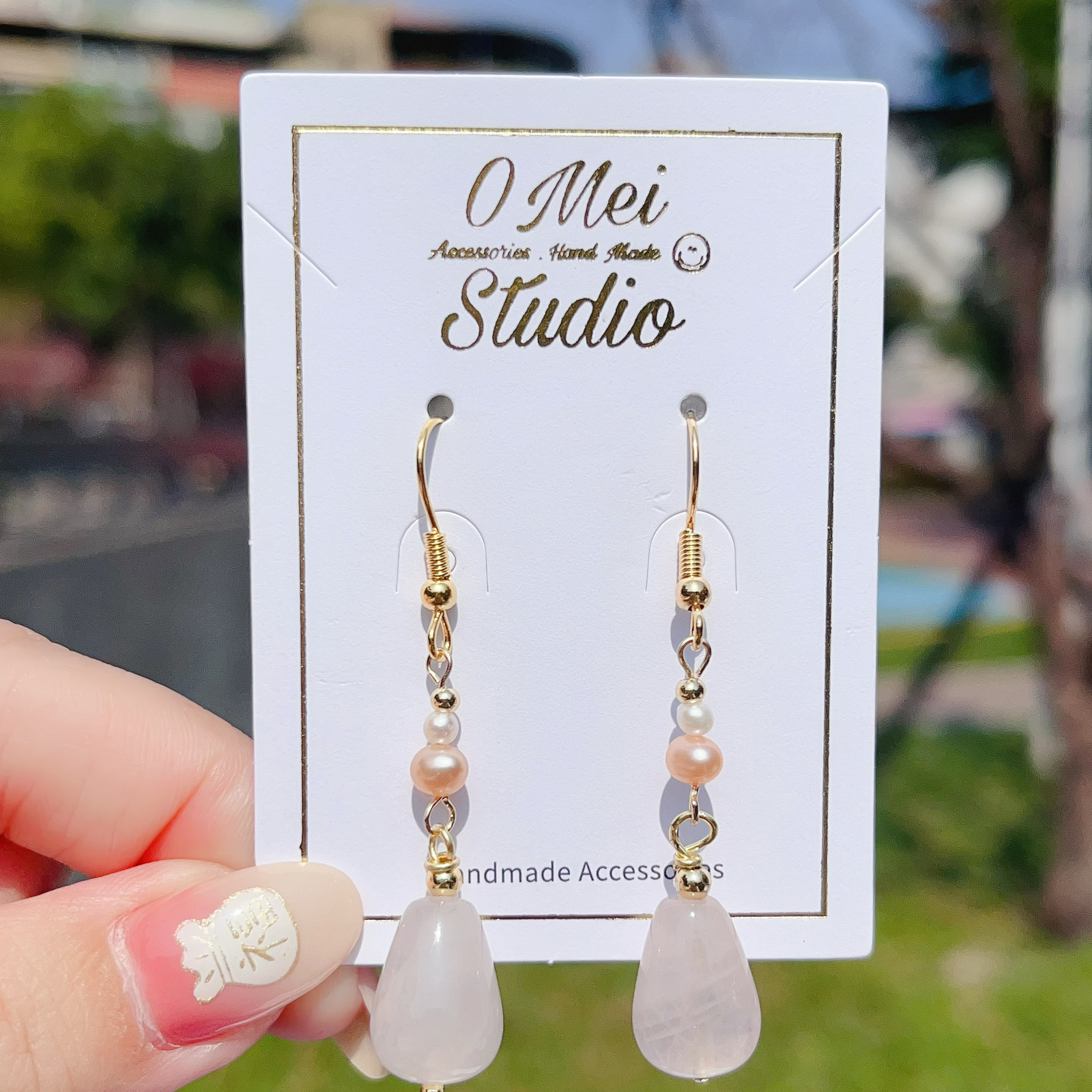 手作耳環-2026.03新品-粉水晶粉橘淡水珍珠耳環