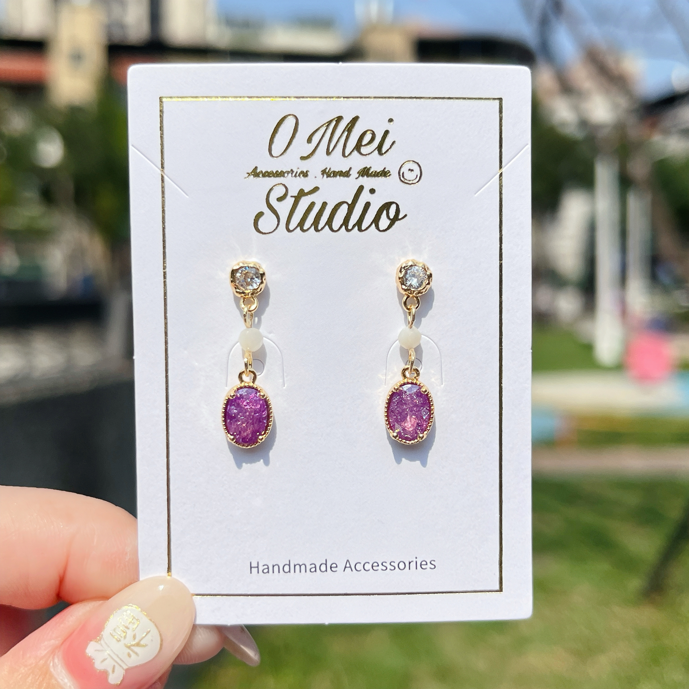 手作耳環-2026.03新品-鋯石貓眼石紫色冰花耳環