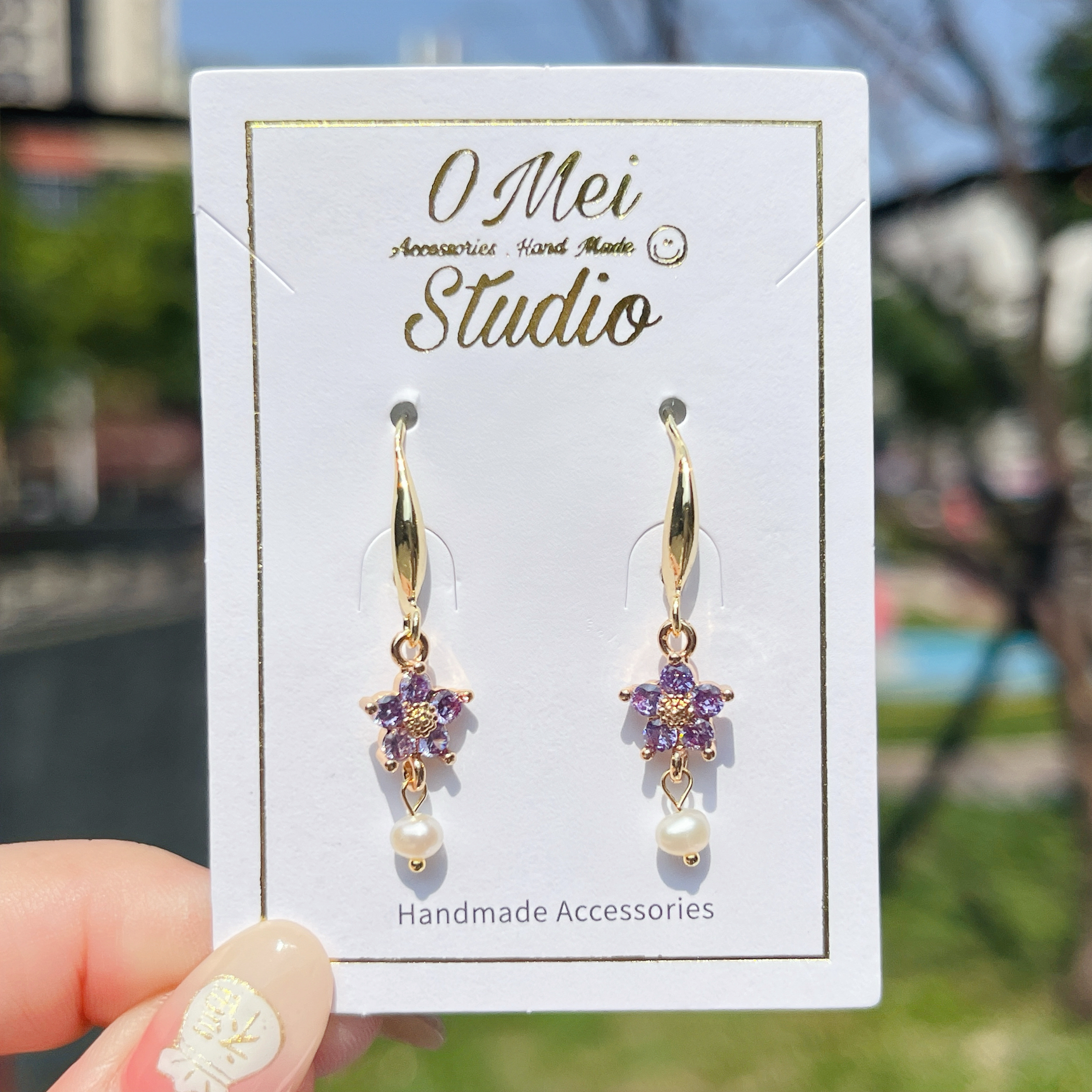 手作耳環-2026.03新品-紫色鋯石花花淡水珍珠耳環