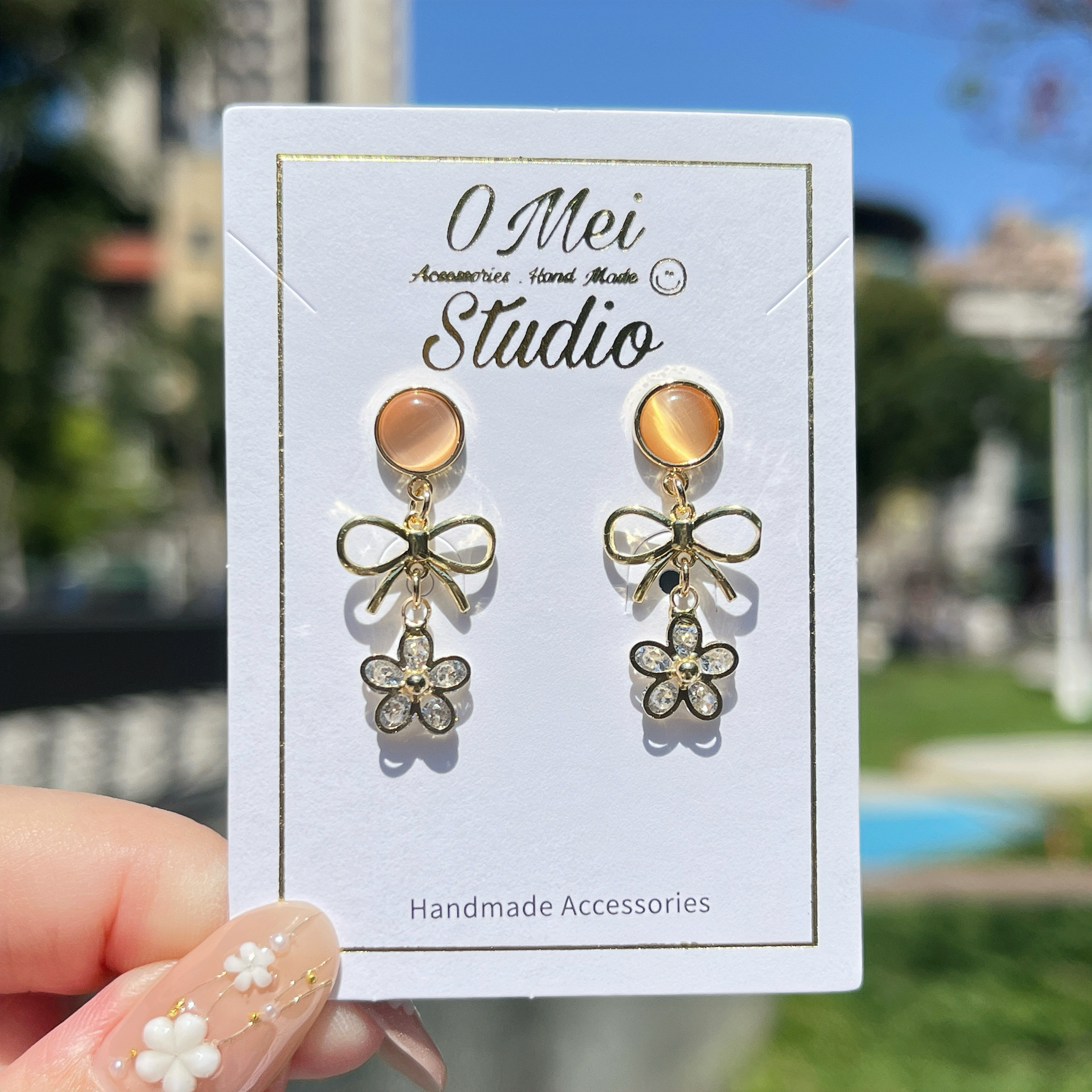 手作耳環-2026.03新品-橘色貓眼蝴蝶結花花耳環