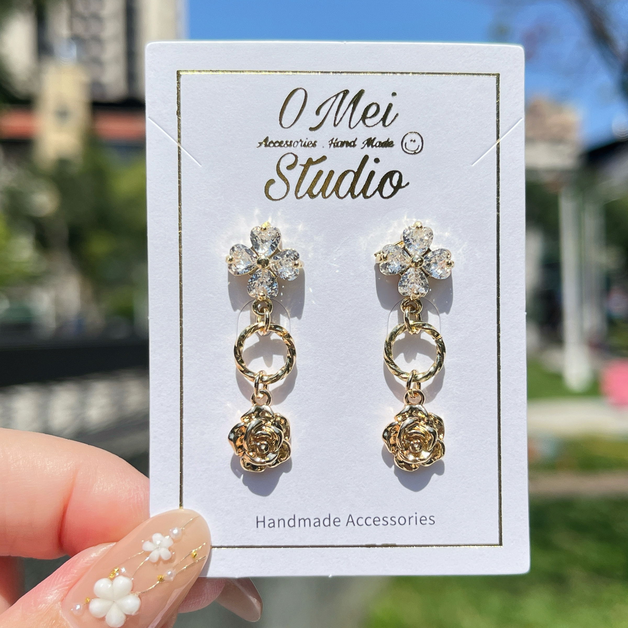 手作耳環-2026.03新品-鋯石四葉草玫瑰花花耳環