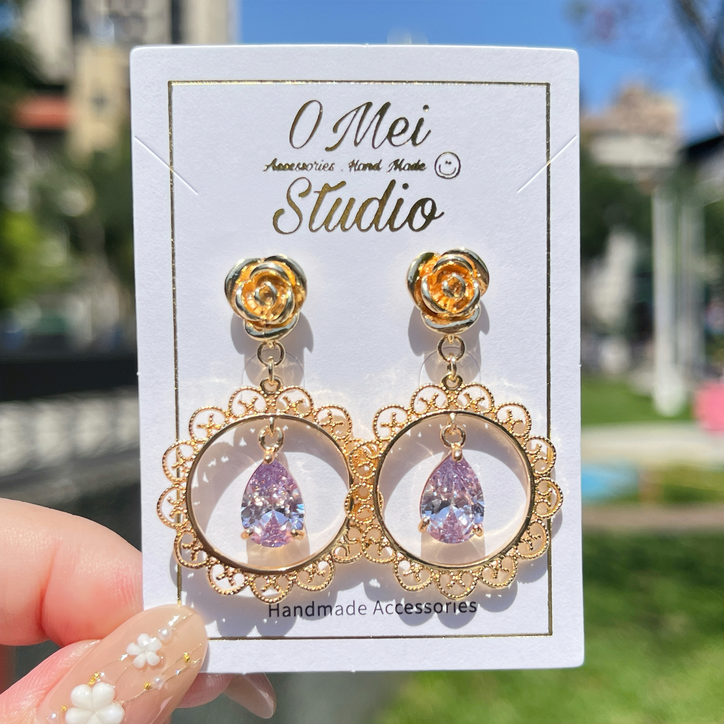 手作耳環-2026.03新品-典雅花框紫色鋯石玫瑰花耳環