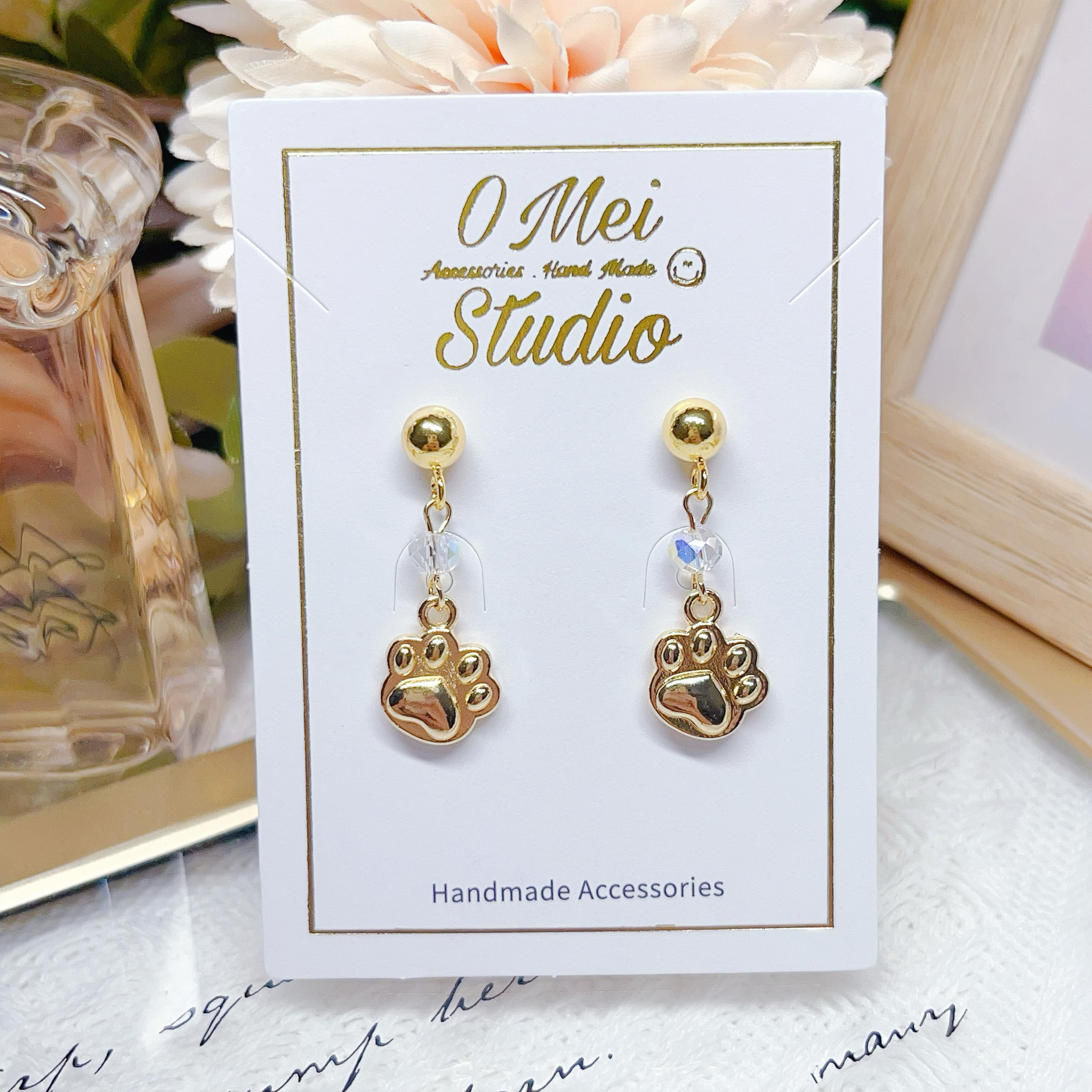 手作耳環-2026.03新品-可愛彩珠貓掌耳環