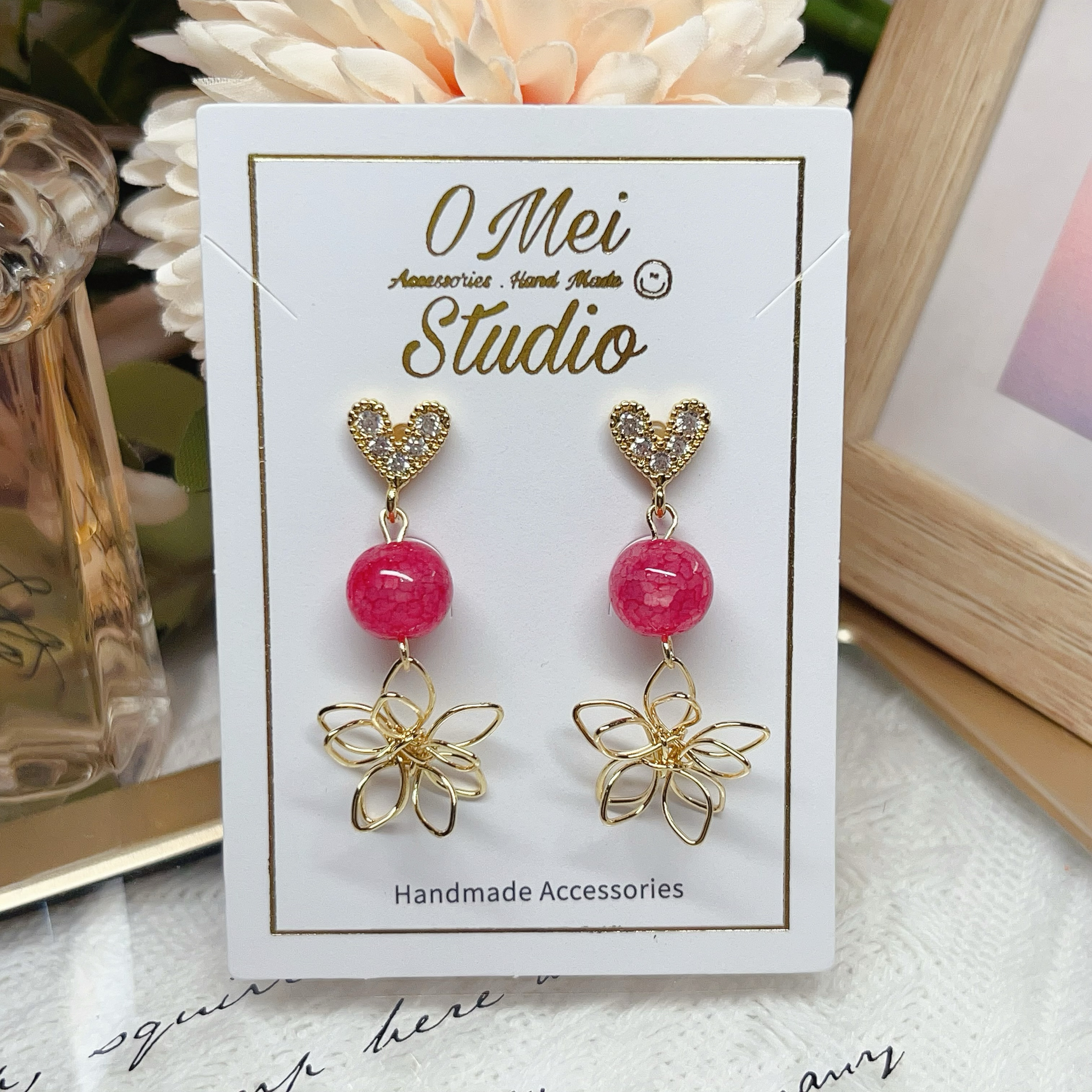 手作耳環-2026.04新品-鋯石愛心苺果冰珠線條花耳環