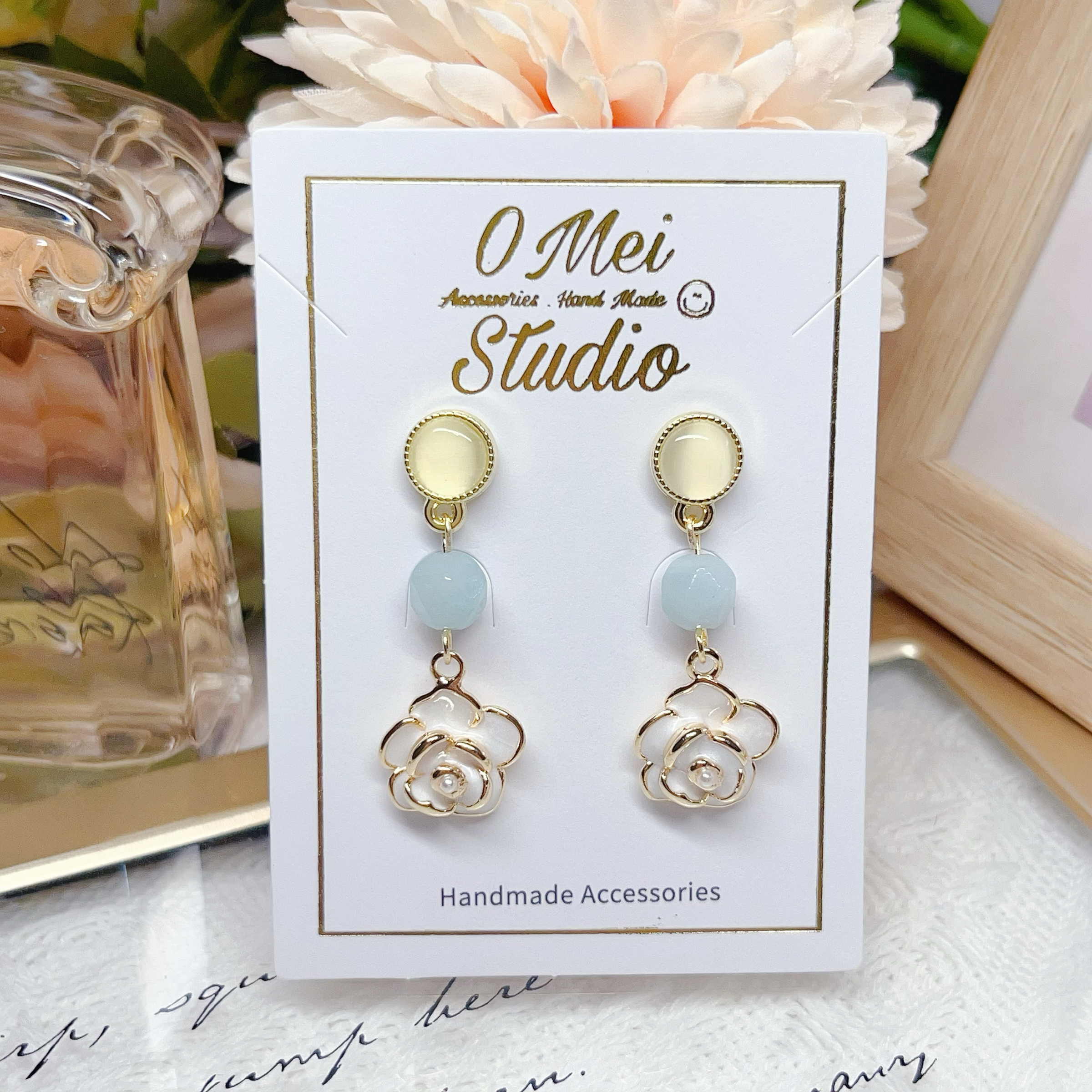 手作耳環-2026.04新品-貓眼海藍寶山茶花耳環