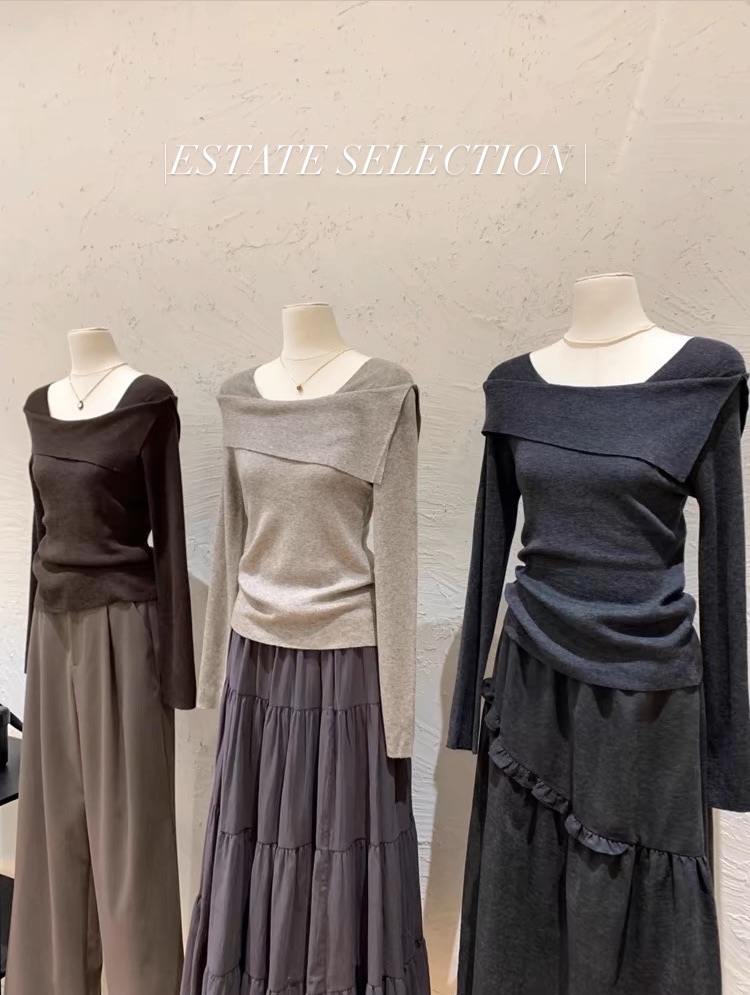 一字肩針織上衣