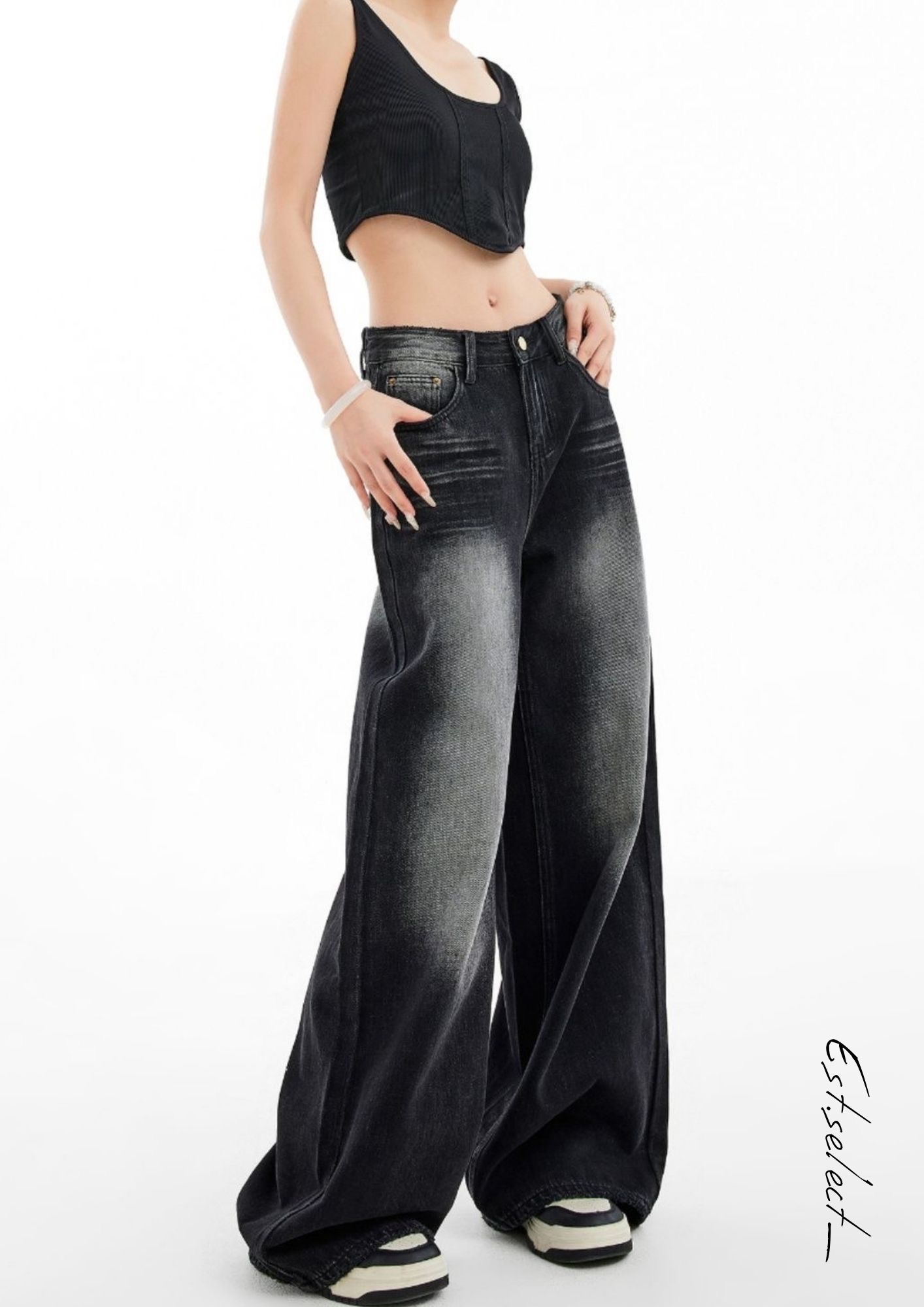 黑色刷色牛仔褲