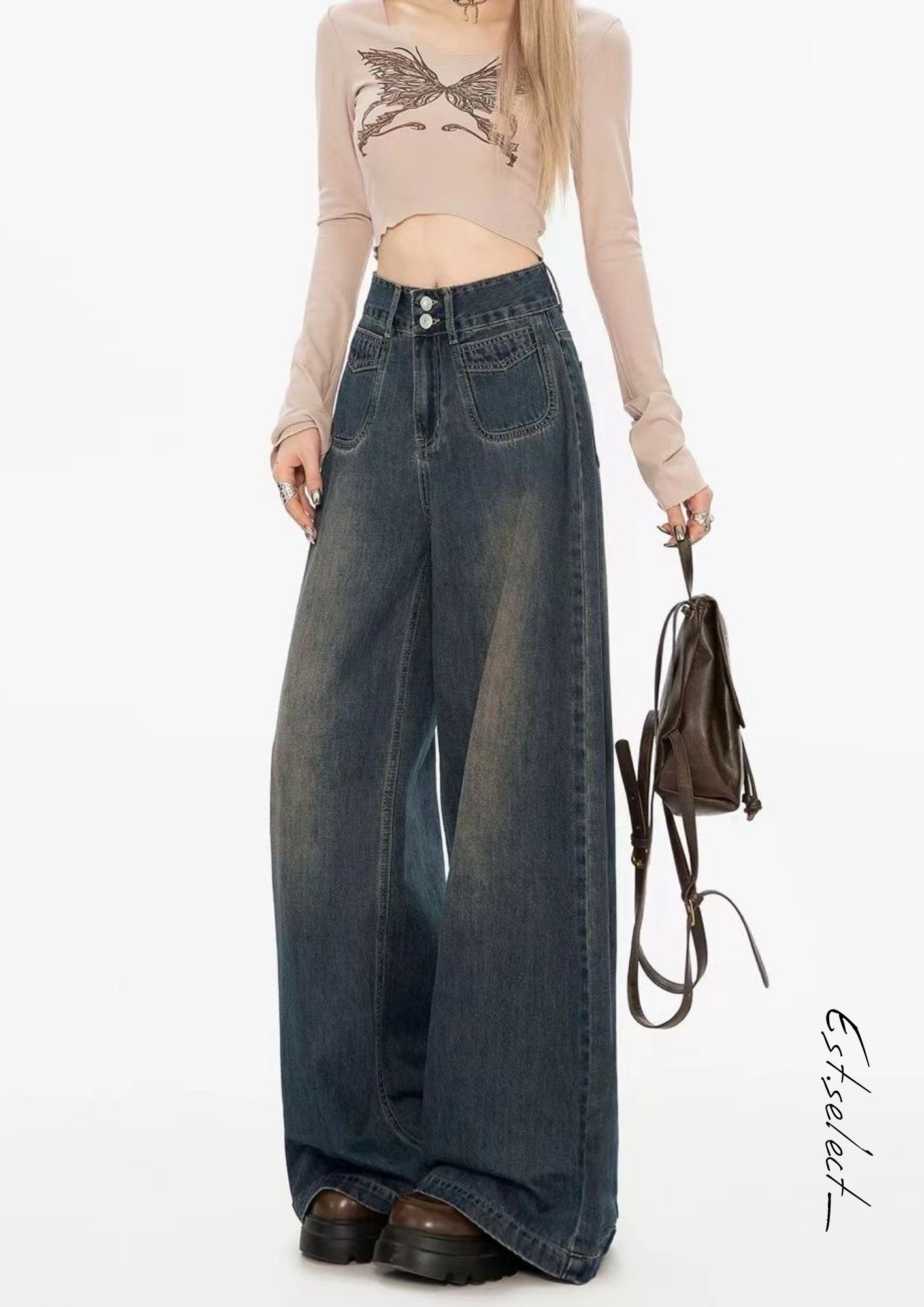 復古雙釦牛仔寬褲