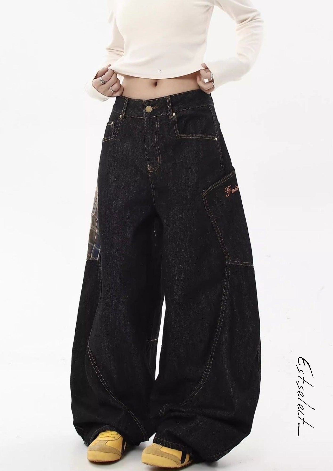 拼接格紋彎刀褲