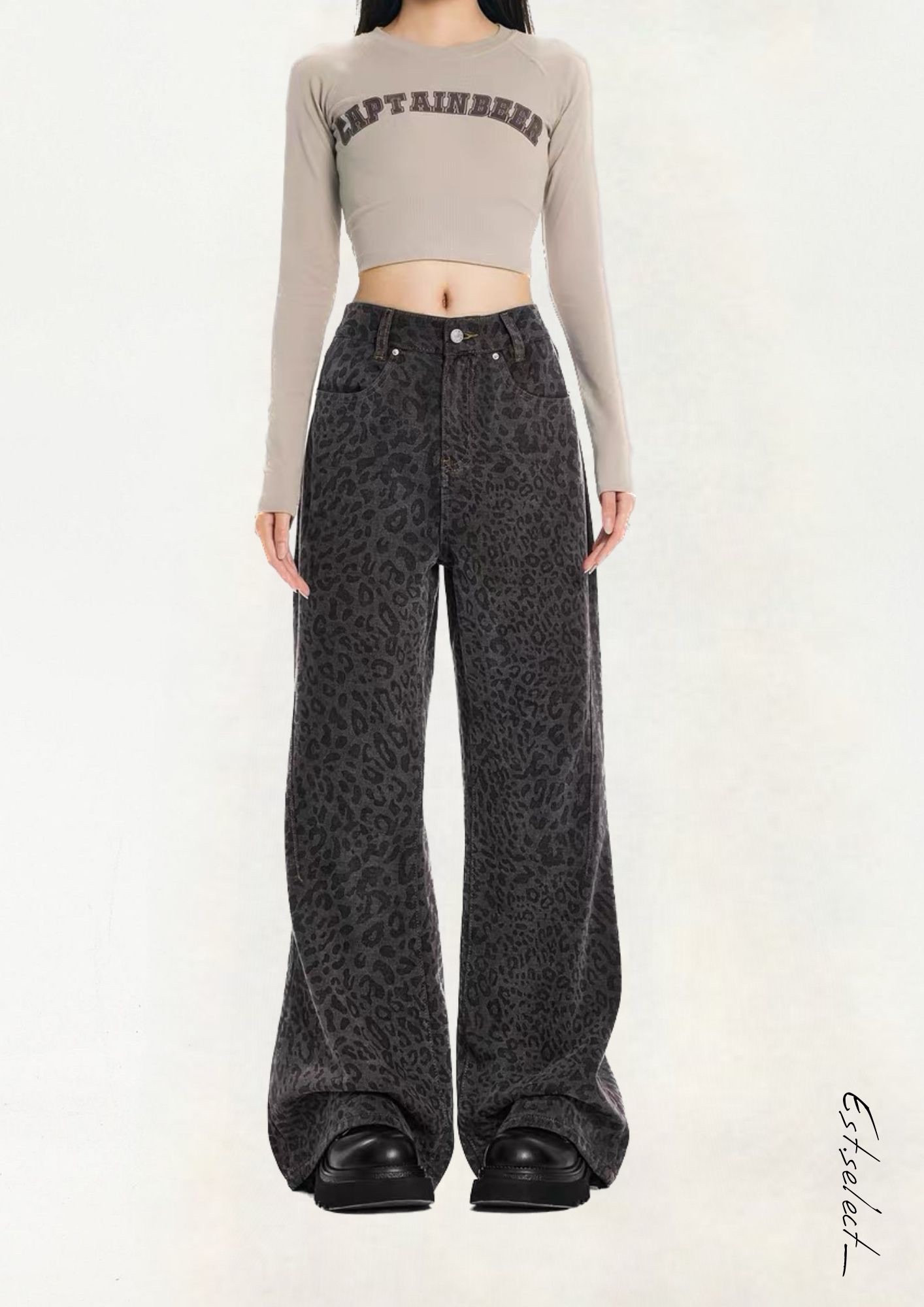灰色豹紋微喇叭褲
