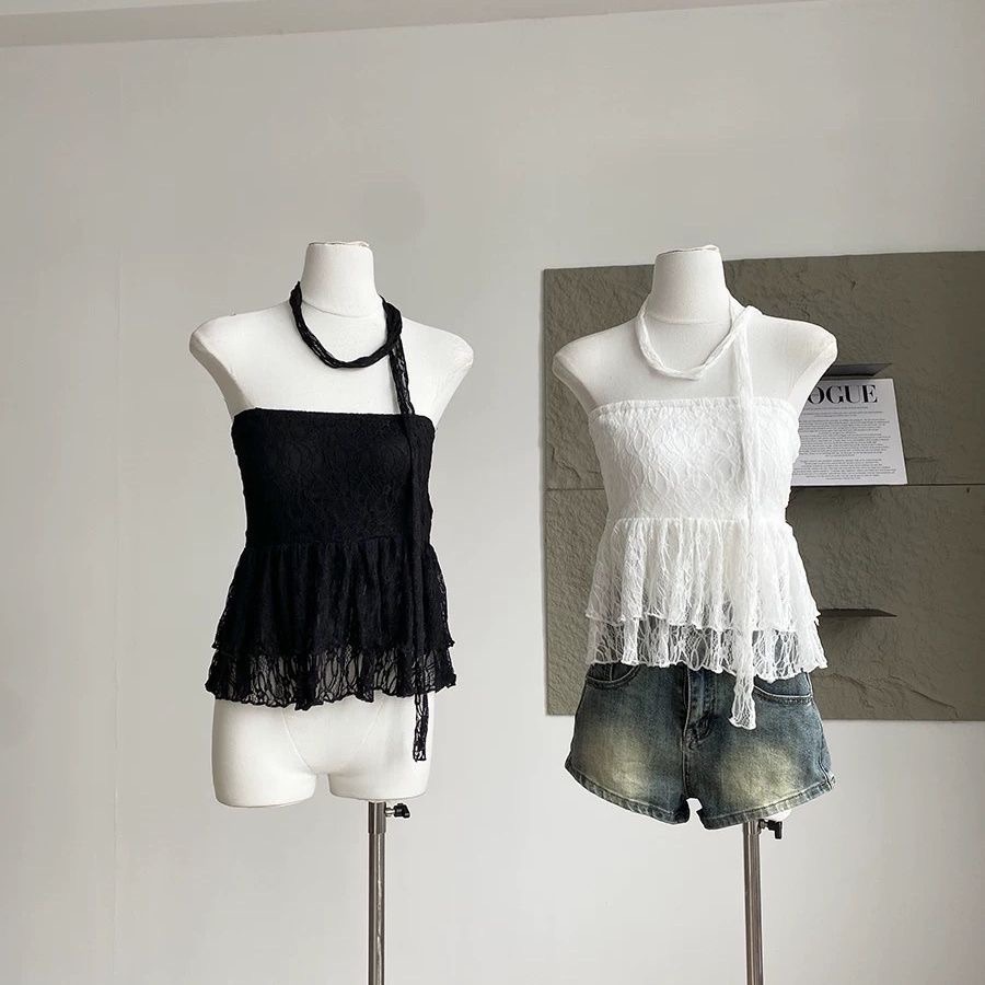 辣妹平口蕾絲上衣（附綁帶）