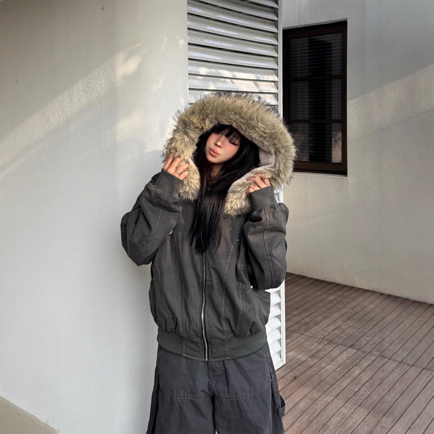 美式厚絨毛領刷毛連帽外套