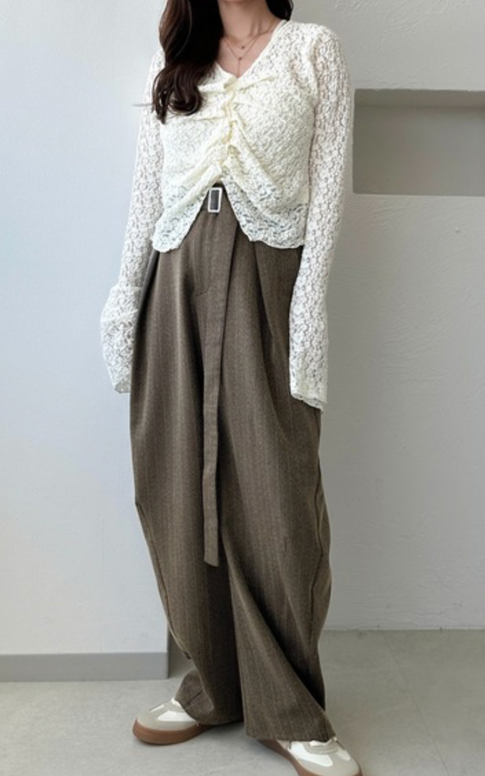 予約✨apres jour clair 條紋腰帶設計弧形長褲 588504