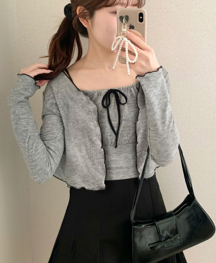 現貨！綁帶吊帶背心×荷葉邊羅紋開襟衫套裝 dk1381