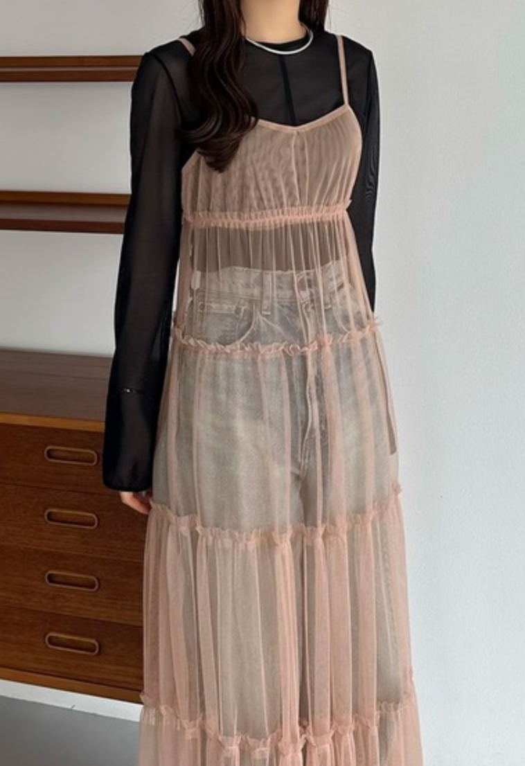 現貨！網紗荷葉層次吊帶洋裝 frca034-271