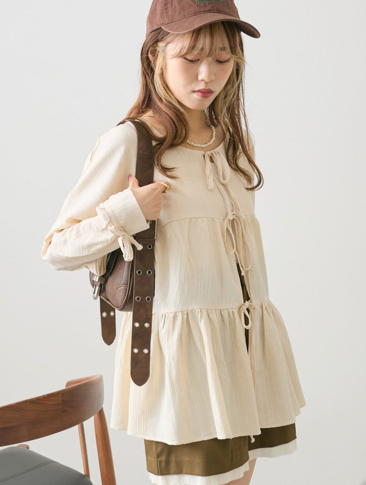 現貨！蝴蝶結2WAY層次荷葉襯衫