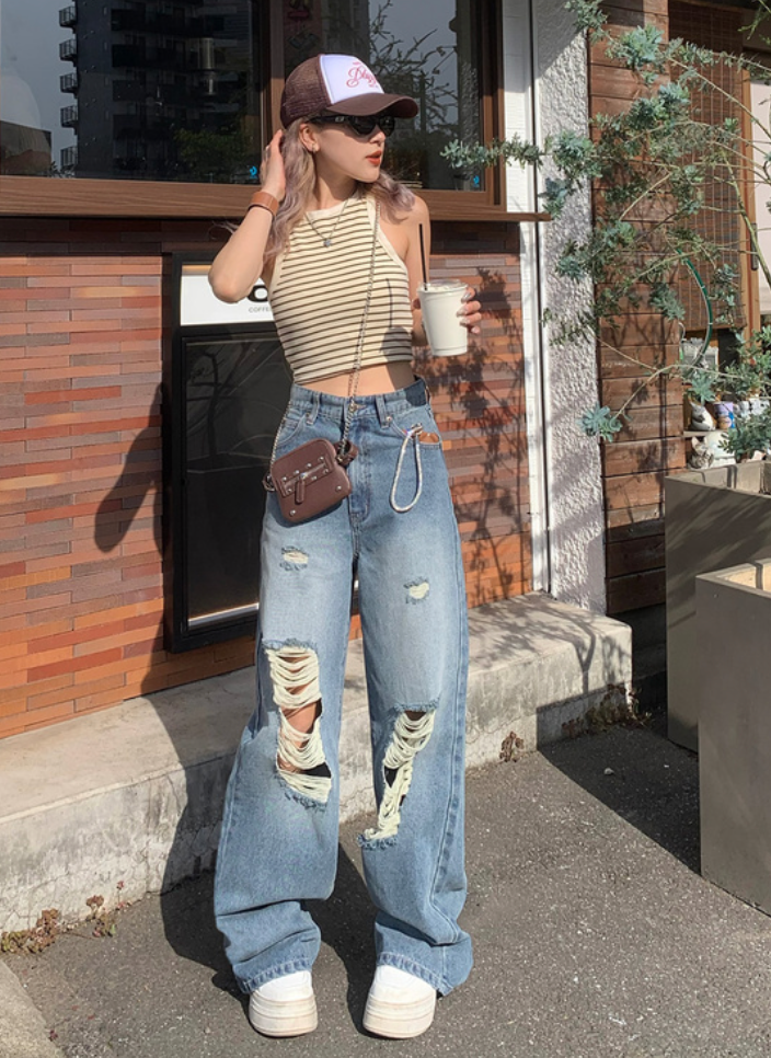 予約✨刷破設計破壞感牛仔闊腿褲 cu526