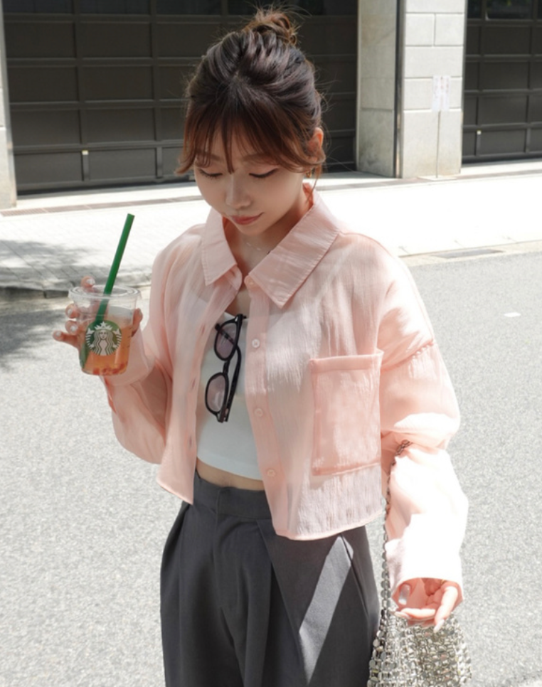 人氣再入荷！薄透紗感口袋氣質襯衫 dk1111