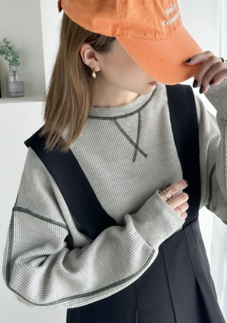 予約✨男女可穿！JAVA極簡升級・前後2WAY配色華夫格長袖T恤 jv1260065