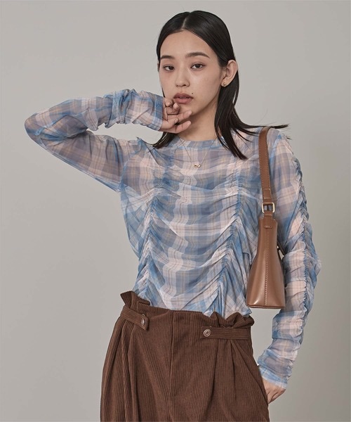 予約✨復古感修身格紋皺摺透感上衣 RFXX1190