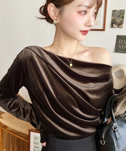 予約✨啞光感氣質單肩垂墜絨面上衣mt07149